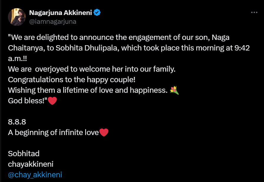 Nagarjuna announces the engagement of Sobhita Dhulipala and Naga Chaitanya